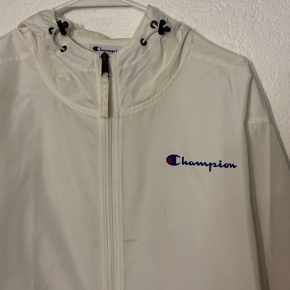 Champion Mens White Full Zip Hooded Windbreaker Jacket V1015‎ Large